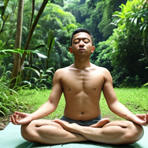 Home 14 **A serene individual meditating outdoors in Malaysia, focusing on their breath amidst lush greenery. Capture a sense of calm and mindfulness, emphasizing the connection with nature.**