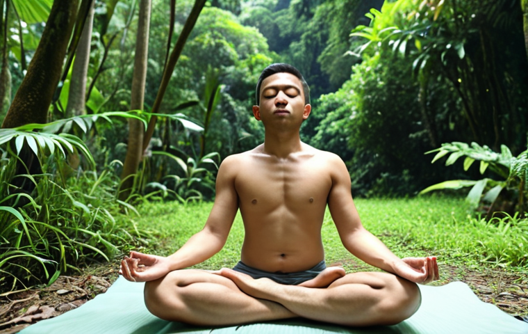 **A serene individual meditating outdoors in Malaysia, focusing on their breath amidst lush greenery. Capture a sense of calm and mindfulness, emphasizing the connection with nature.**