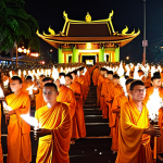**

Vibrant Wesak procession in Kuala Lumpur at night, featuring thousands of devotees carrying illuminated torches, symbolizing the spread of Buddha's teachings.

**