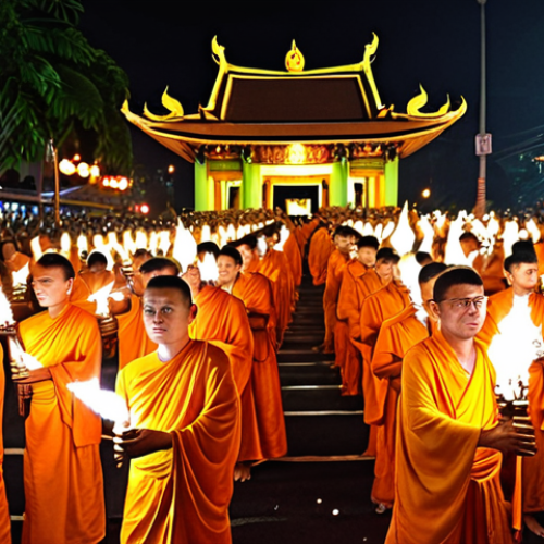 Home 7 **
Vibrant Wesak procession in Kuala Lumpur at night, featuring thousands of devotees carrying illuminated torches, symbolizing the spread of Buddha's teachings.
**
