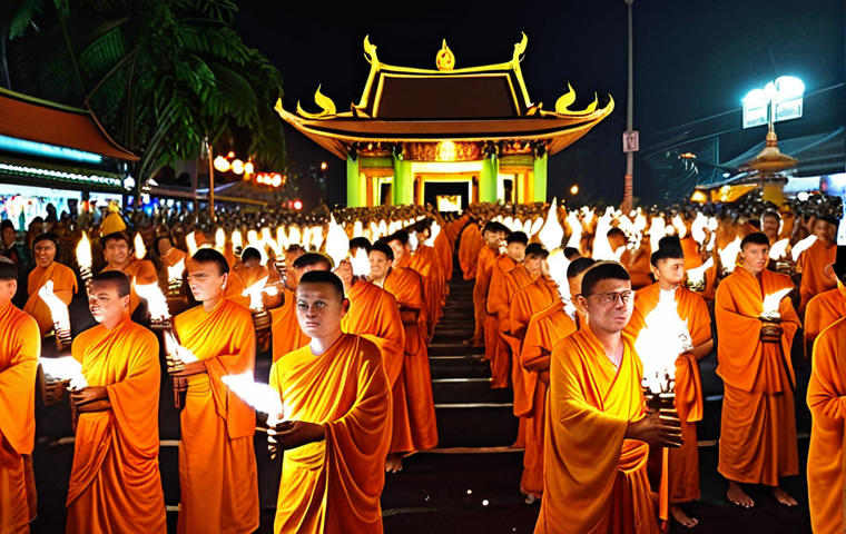 **
Vibrant Wesak procession in Kuala Lumpur at night, featuring thousands of devotees carrying illuminated torches, symbolizing the spread of Buddha's teachings.
**