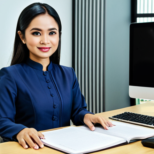 Home 4 불교에서의 자기 통제 - **
A professional Malaysian woman in a modest baju kurung, sitting at a desk in a modern office in ...