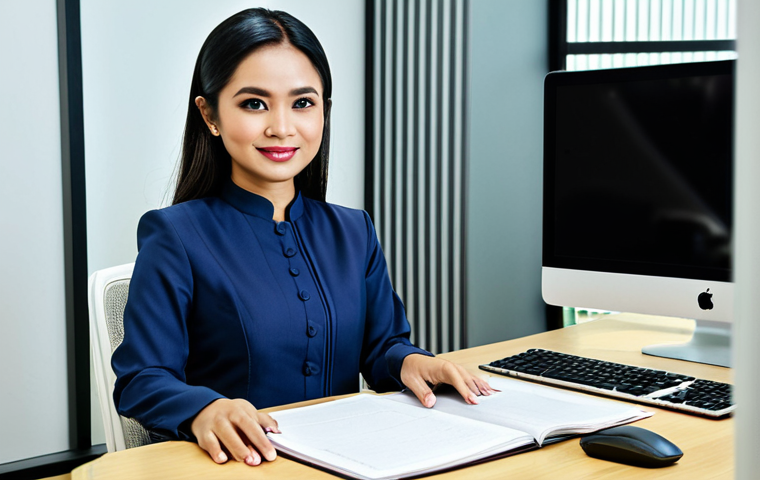 불교에서의 자기 통제 - **
A professional Malaysian woman in a modest baju kurung, sitting at a desk in a modern office in ...